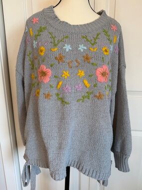 POL Gray Crewneck Sweater with Pink, Yellow & Green Floral Embroidery